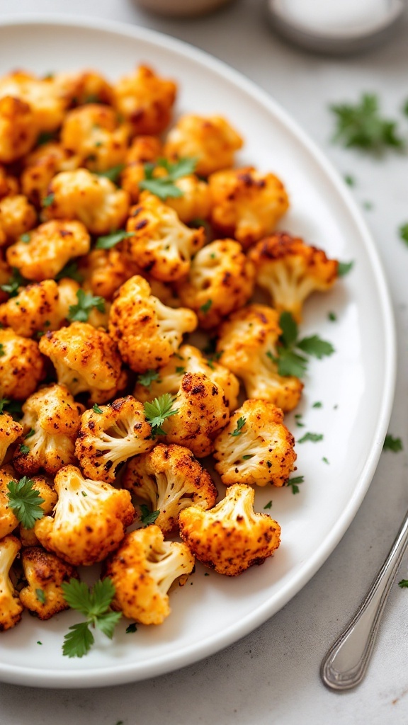 A plate of spicy roasted cauliflower bites garnished with cilantro.
