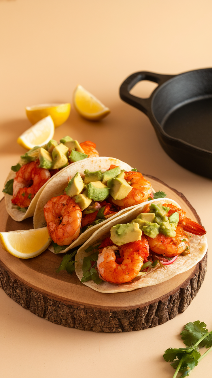 A plate of spicy shrimp tacos topped with avocado salsa and lemon slices, served on a wooden board.