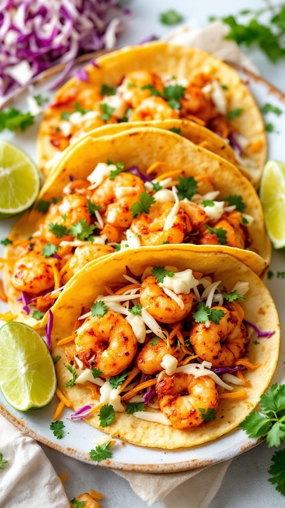 Spicy shrimp tacos topped with cabbage slaw and garnished with cilantro
