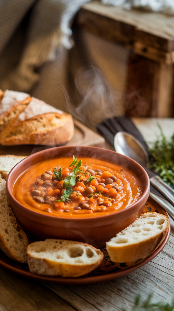 A bowl of spicy sweet potato and lentil soup with crusty bread on the side