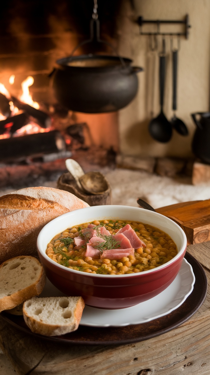 Bowl of split pea soup with ham served with crusty bread