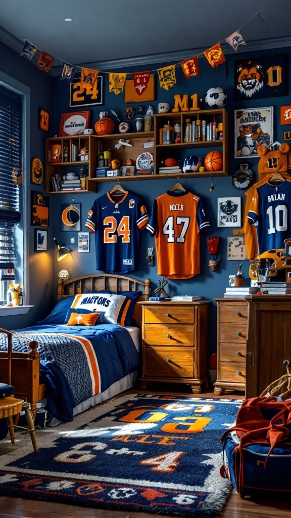 A boy's bedroom decorated with sports memorabilia and team colors featuring jerseys, a cozy bed, and a playful rug.
