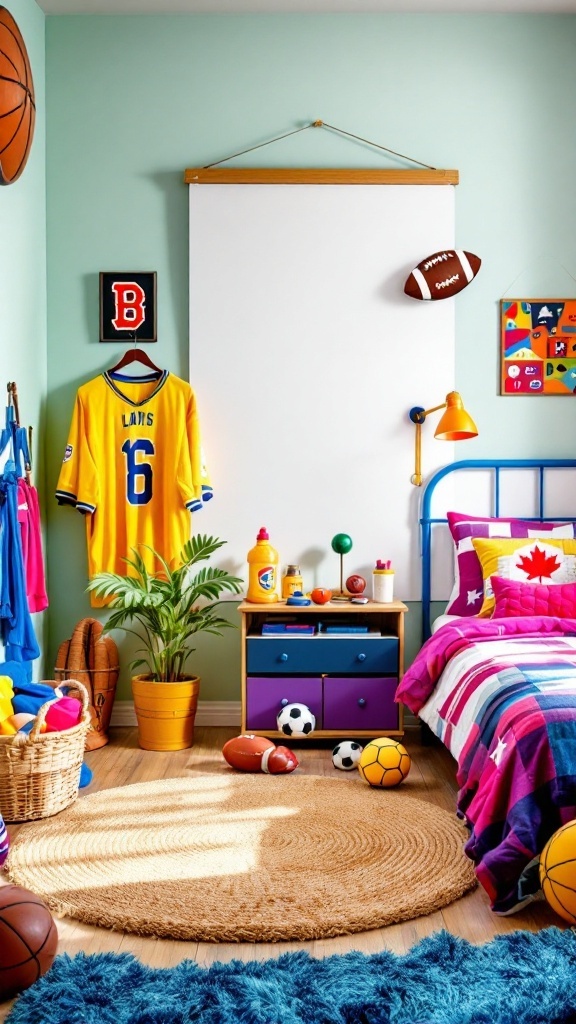 A vibrant teenage girl's bedroom featuring sports equipment, a yellow jersey, and colorful bedding.