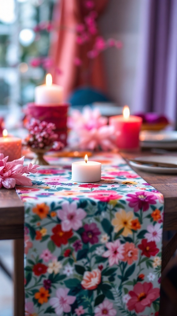 A vibrant floral table runner on a dining table with candles and flowers.