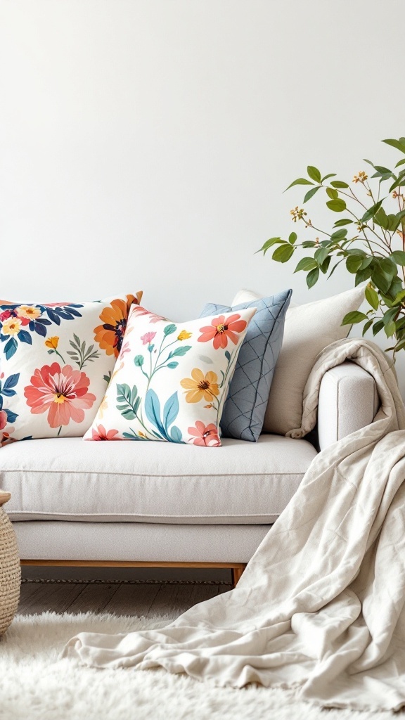 A cozy sofa with spring-inspired throw pillows featuring colorful floral designs, complemented by a soft throw blanket.