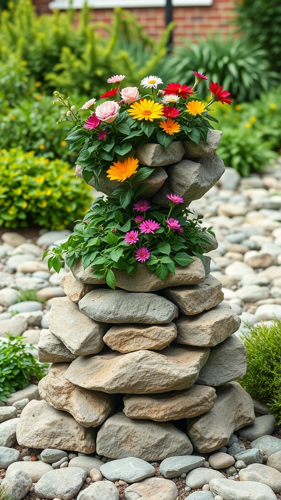 A stacked stone flower planter with colorful flowers on top, set in a garden.