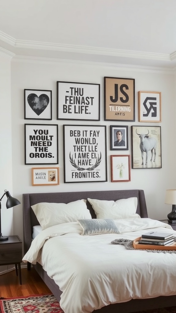 A stylish bedroom featuring a wall adorned with various framed art pieces, including quotes and illustrations, above a neatly made bed.