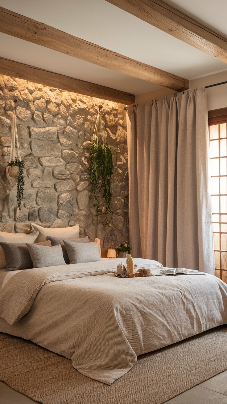 A cozy modern rustic bedroom featuring a stone accent wall, soft textiles, and natural elements.