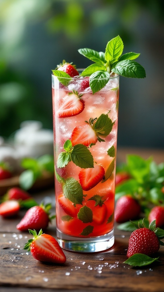 A refreshing Strawberry Basil Mojito cocktail served in a tall glass with fresh strawberries and basil leaves.