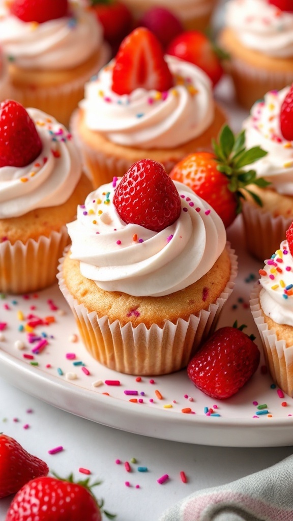 Delicious strawberry shortcake cupcakes topped with whipped cream and strawberries
