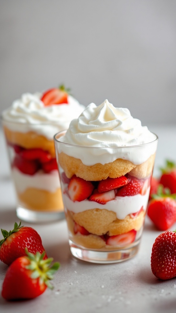 Strawberry shortcake parfaits in clear glasses, layered with strawberries, whipped cream, and cake