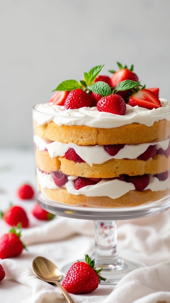 A glass trifle dish layered with cake, strawberries, and whipped cream.
