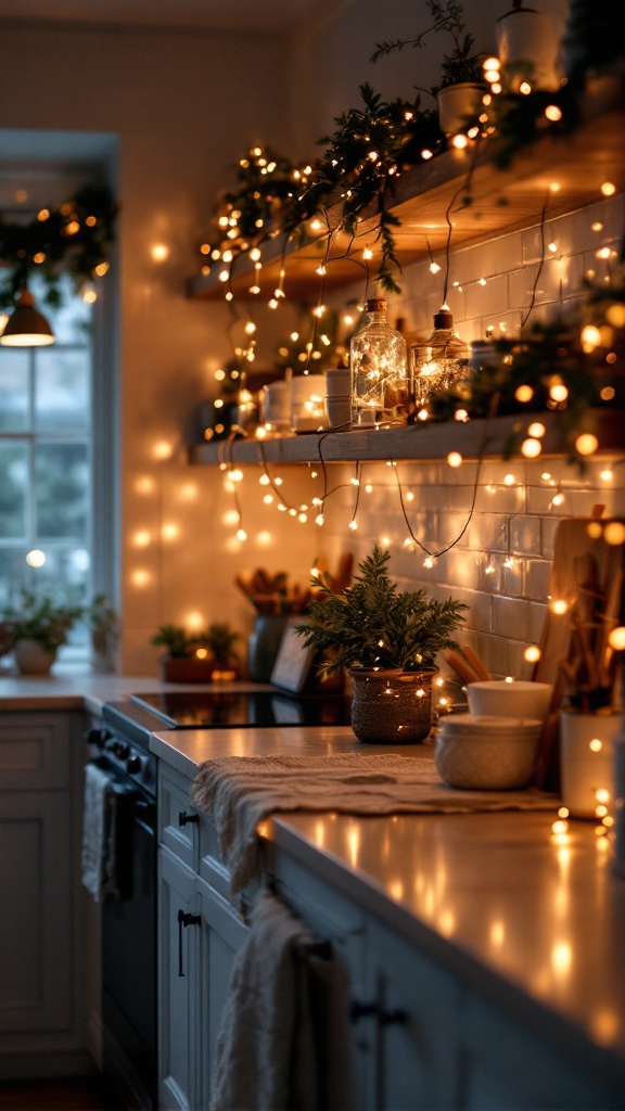 A cozy kitchen decorated with string lights and plants.