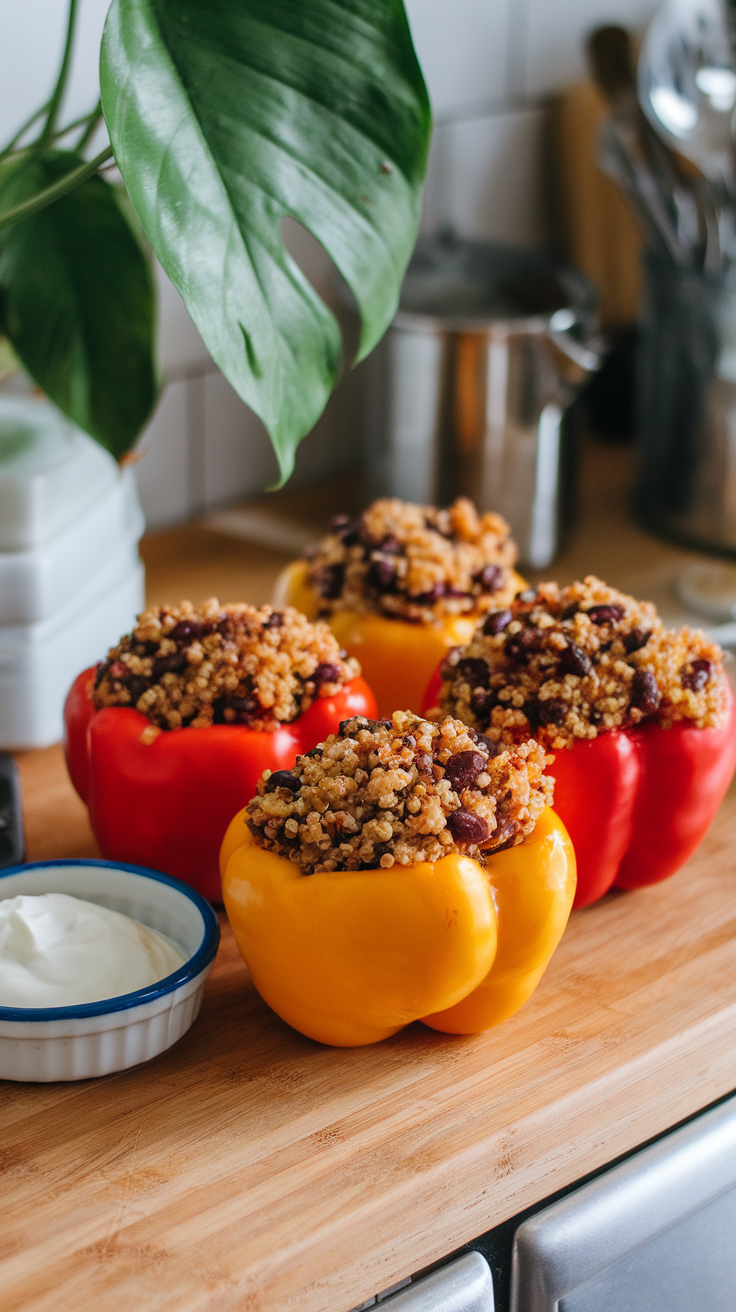 Four stuffed bell peppers filled with quinoa and black beans on a wooden cutting board