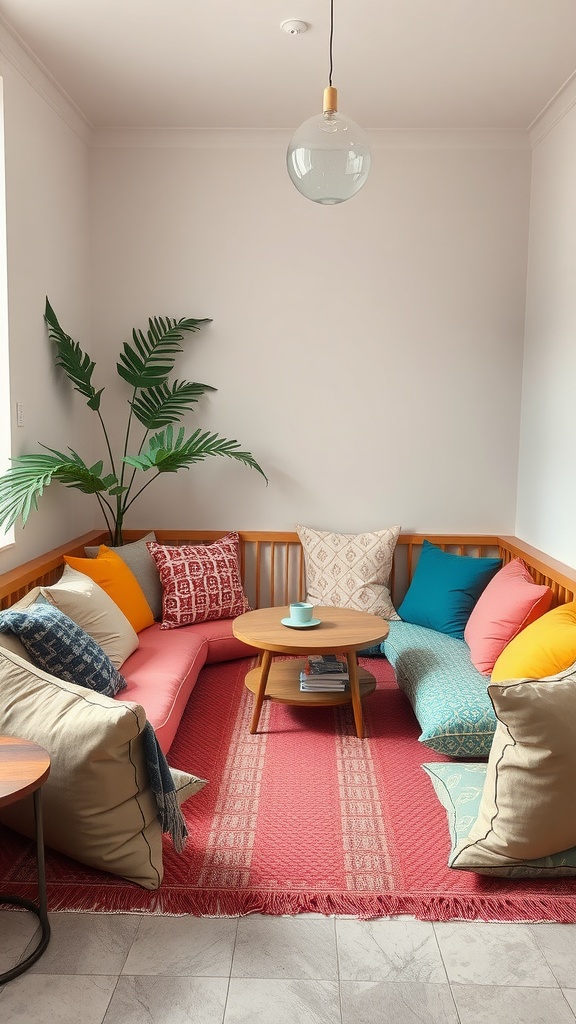 A cozy corner with colorful floor cushions and a small wooden table, surrounded by a plant and warm lighting.
