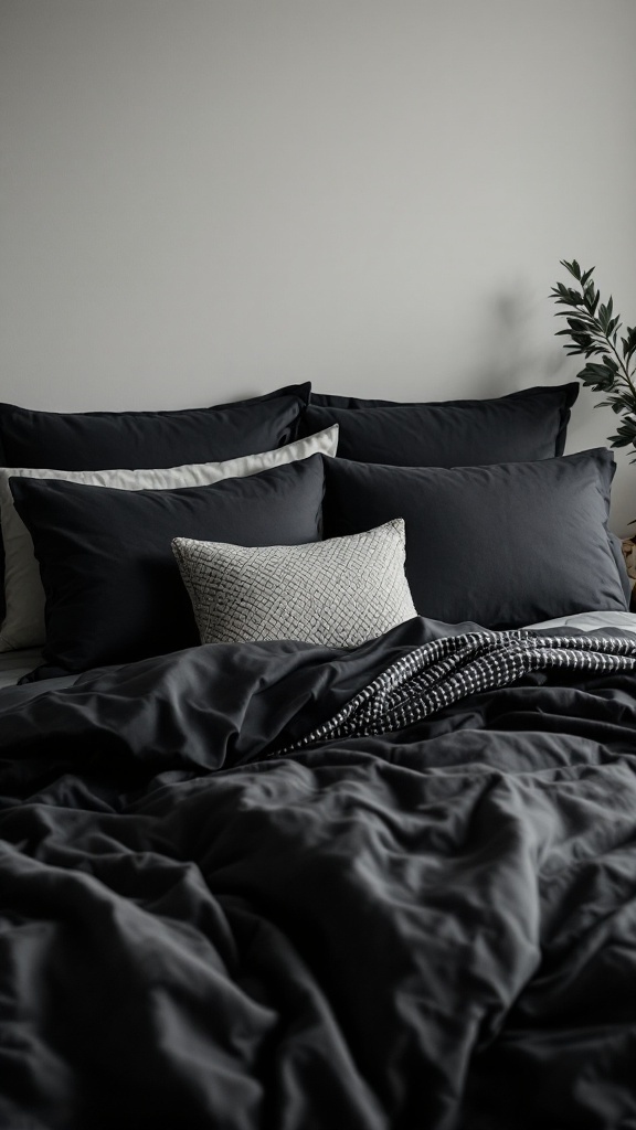 A stylish dark bedding set featuring black pillows and a patterned throw pillow on a neatly made bed.