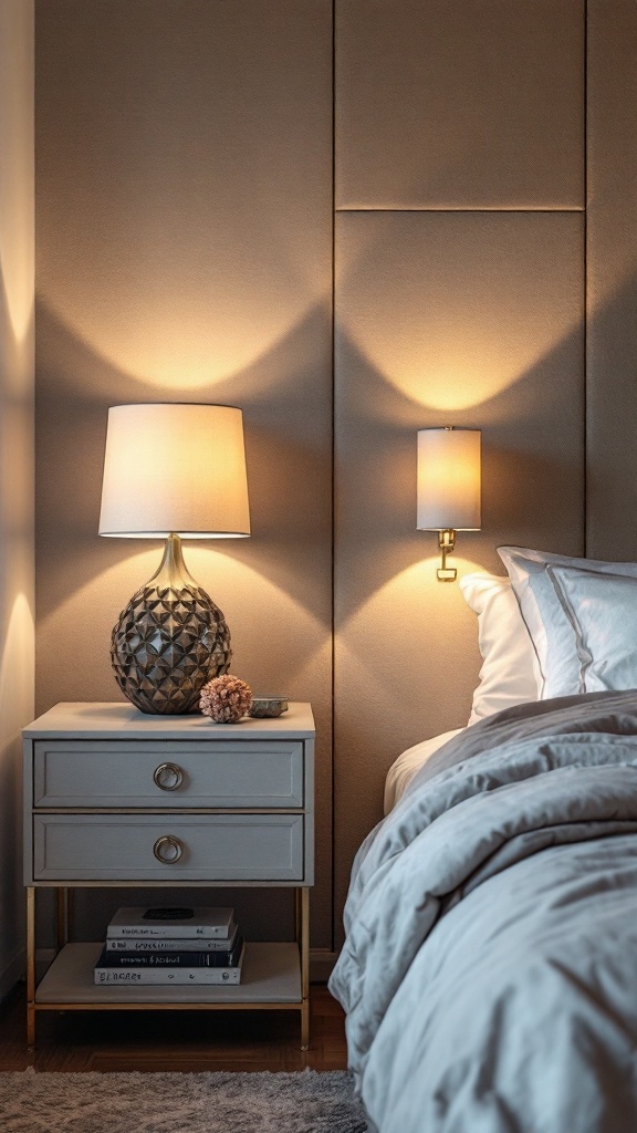 Stylish bedroom scene with a nightstand, lamp, and decorative items