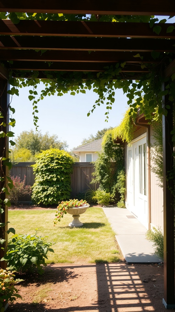 A stylish pergola with climbing vines in a backyard setting.