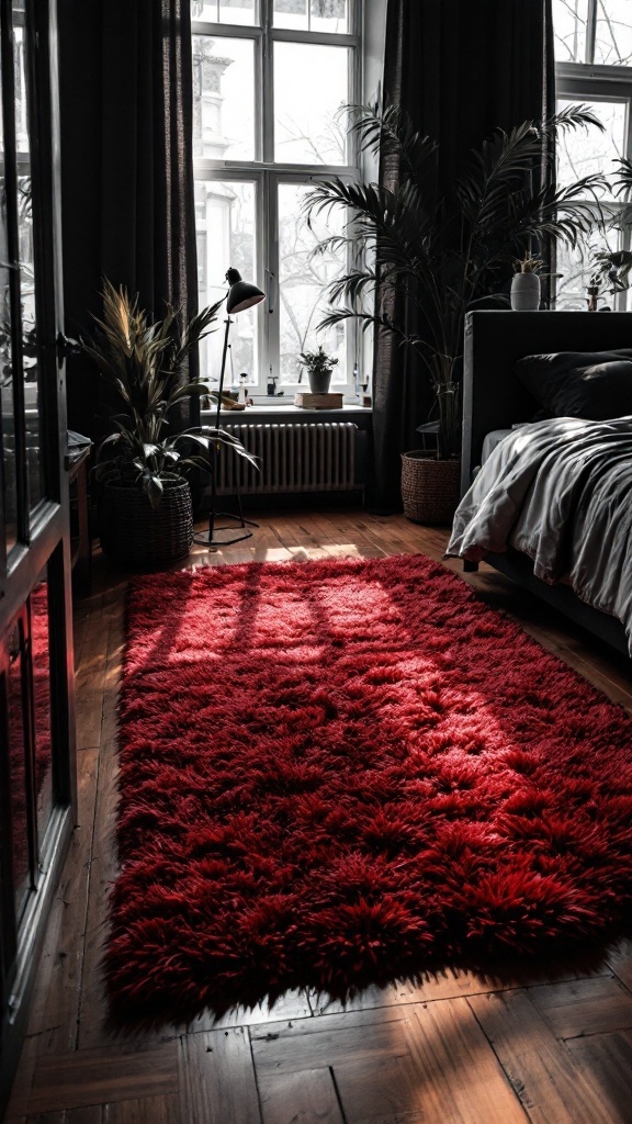 A cozy bedroom with a plush red rug contrasting against dark furnishings