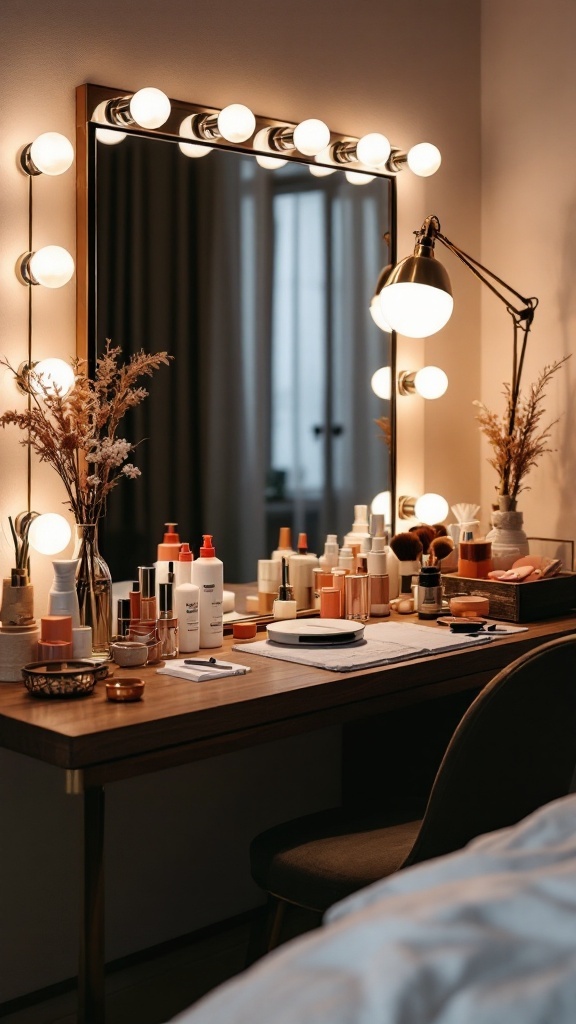 Stylish vanity space featuring a well-lit mirror, wooden desk, beauty products, and decorative flowers.