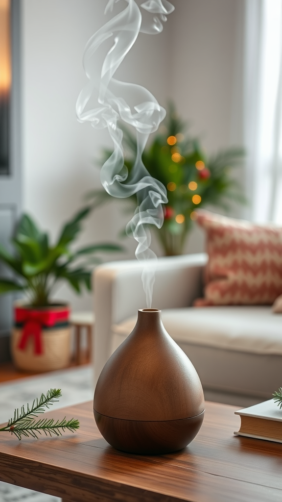 A minimalist wooden diffuser releasing white smoke, surrounded by holiday decorations.