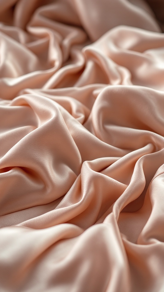 Close-up of soft blush silk fabric, showcasing its smooth texture and elegant draping.