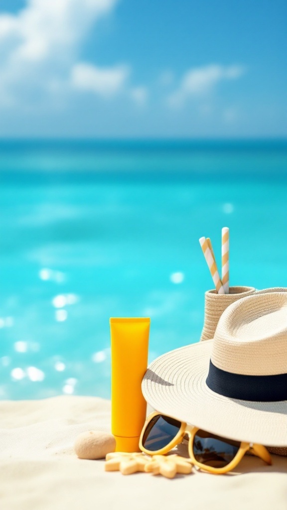 Beach sun protection gear including a hat, sunglasses, sunscreen, and drinks on the sand