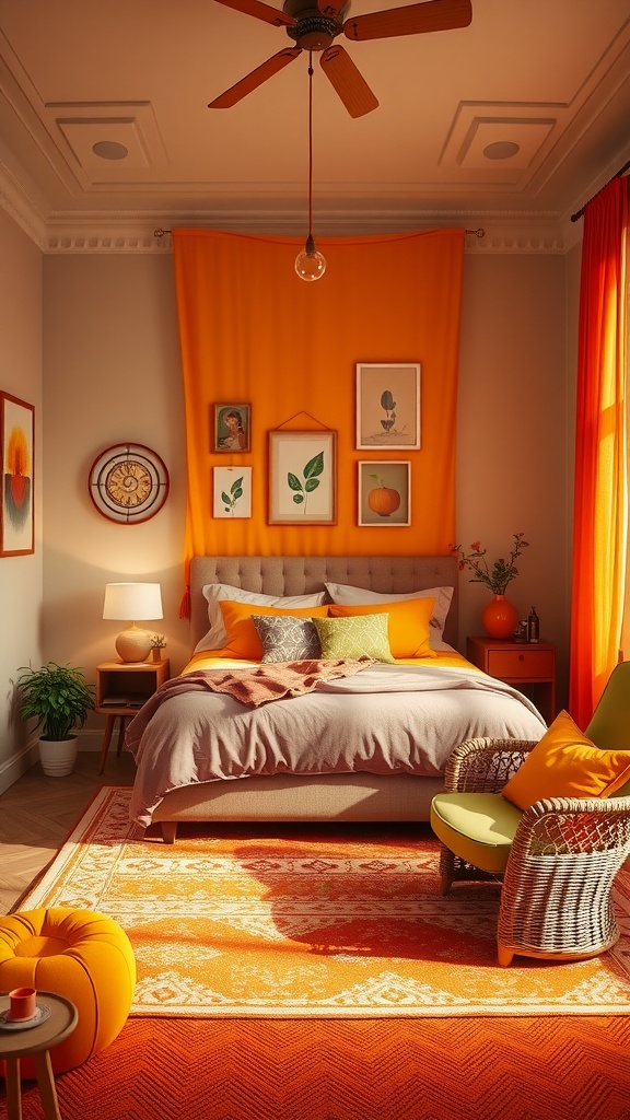 A boho-inspired bedroom featuring sunset-inspired oranges and yellows, with bright curtains, cozy bedding, and vibrant decor.
