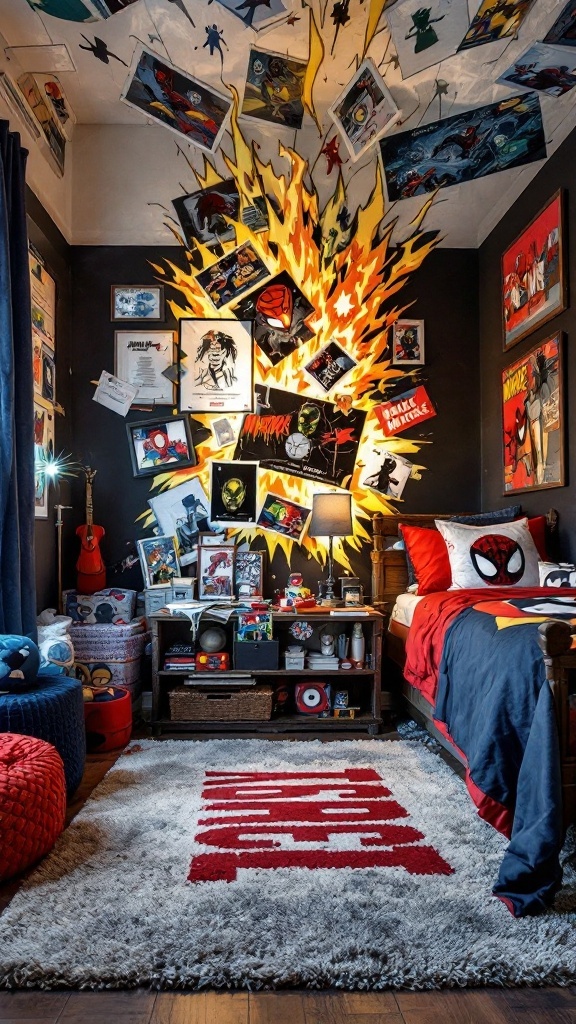 A superhero-themed bedroom with comic book decor, featuring colorful posters, themed bedding, and playful storage options.