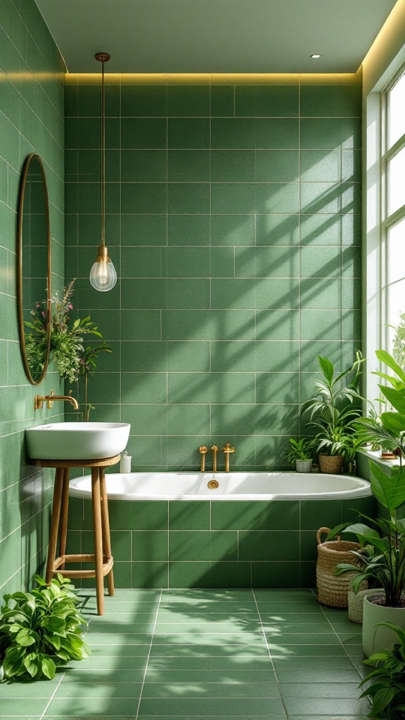 A sustainable bathroom featuring green tiles, plants, and natural light.