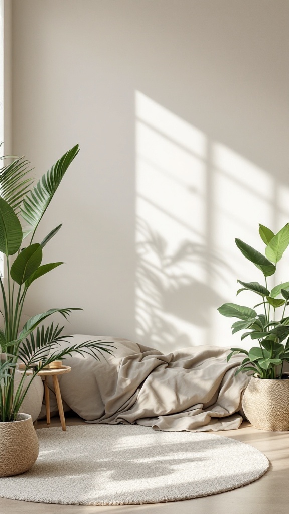 A serene bedroom with natural light, plants, and neutral tones.