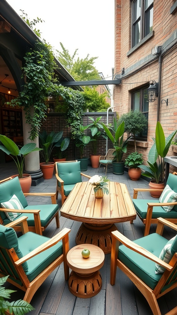 A cozy outdoor patio featuring green chairs, a wooden table, and vibrant plants.