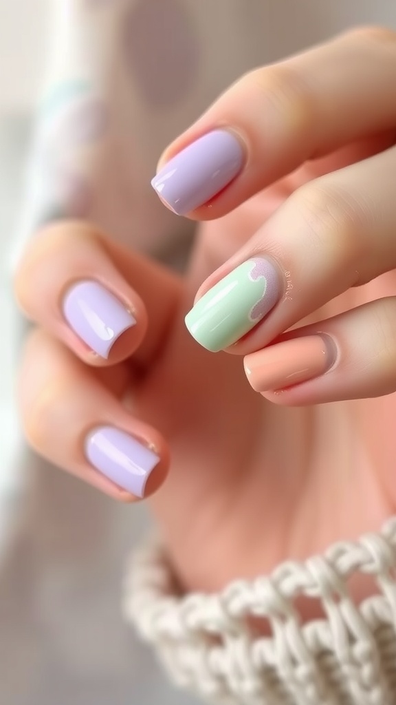 Close-up of pastel-colored nails featuring lavender, mint, and peach shades.