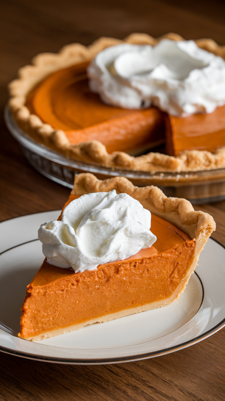 A slice of sweet potato pie topped with whipped cream, with the whole pie in the background.