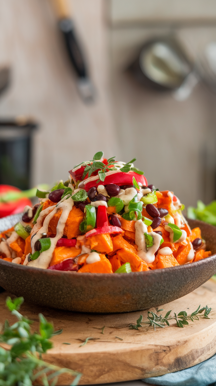 A vibrant sweet potato salad with red and green peppers, black beans, and a creamy dressing, served in a bowl on a wooden cutting board.