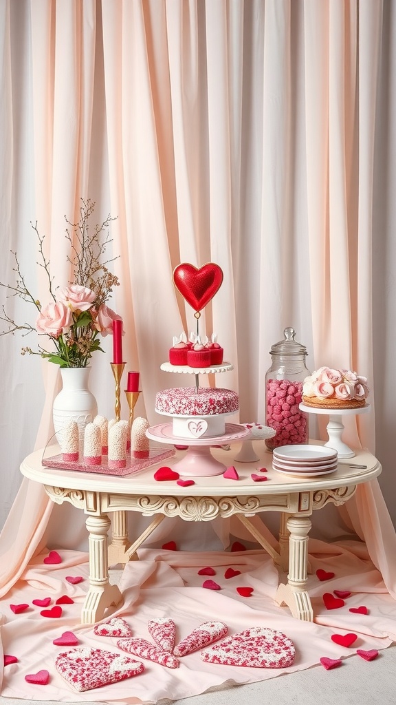 A beautifully arranged dessert table with pink and red treats, including cakes, candies, and flowers.