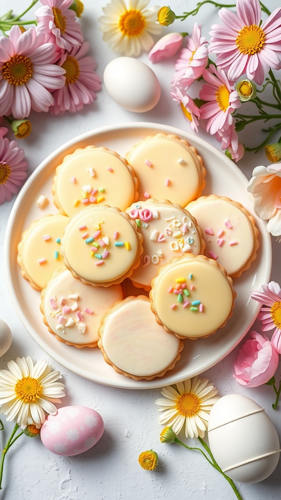 A plate of Tangy Lemon Cheesecake Cookies surrounded by flowers and Easter eggs.