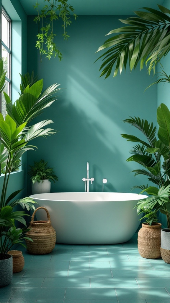 A modern bathroom featuring teal walls, a sleek white bathtub, and lush green plants in woven baskets.