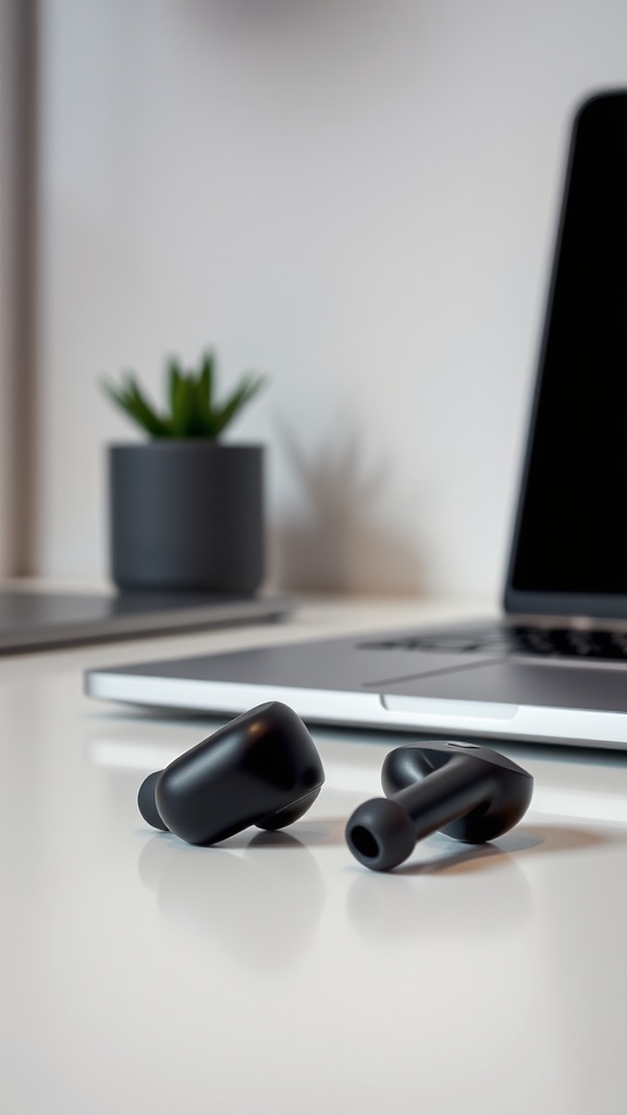 A pair of black wireless earbuds next to a laptop and a small plant.