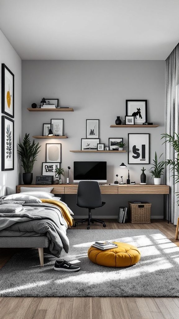 A modern boys' bedroom with a desk, computer, and stylish decor, featuring gray bedding and a yellow cushion.