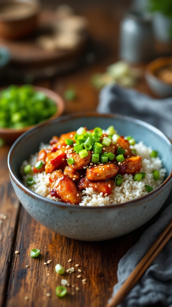 A delicious teriyaki chicken rice bowl topped with green onions and sesame seeds.
