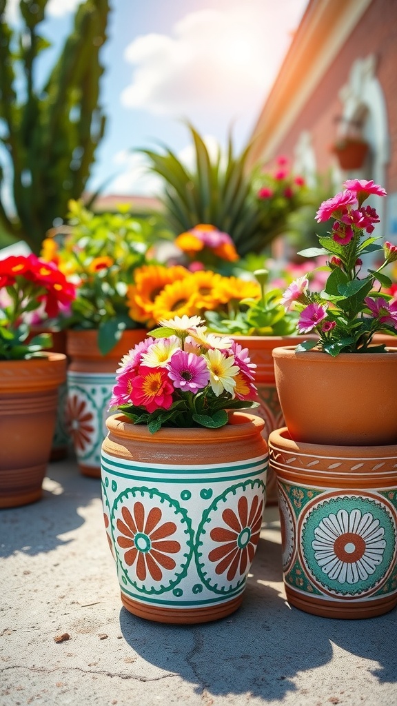 Colorful terracotta pots with unique patterns, filled with flowers, set in a sunny outdoor area.