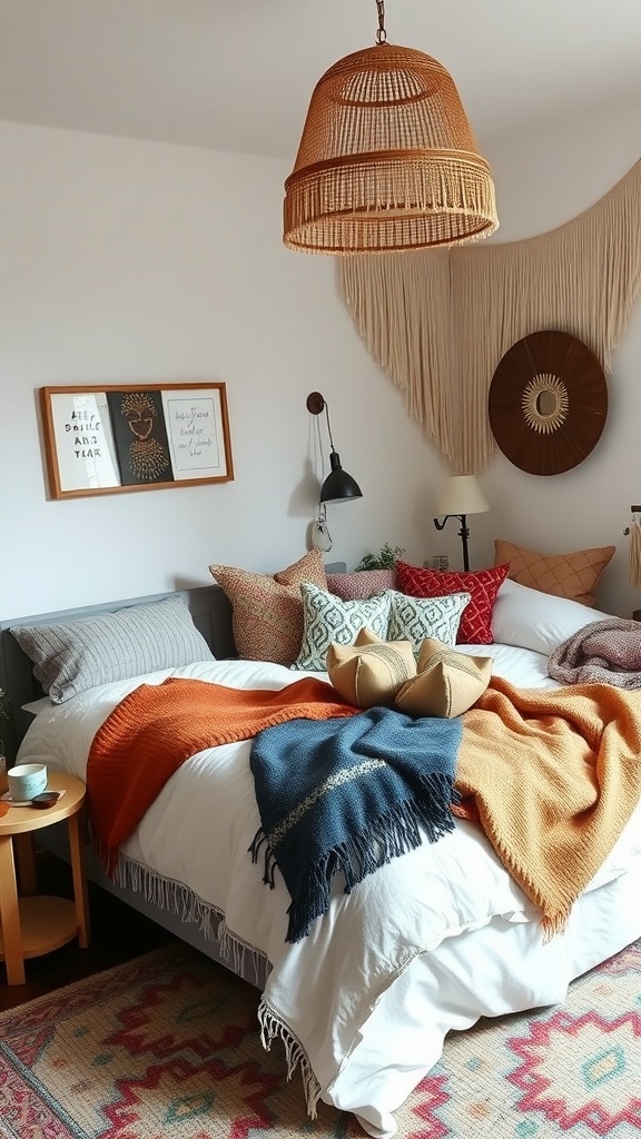 A bohemian styled bedroom with textured bedding, colorful pillows, and a warm atmosphere.