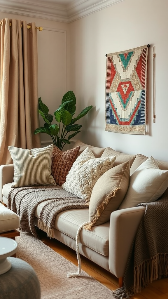 A cozy small living room with textured fabrics on a light sofa, including pillows and a throw blanket.