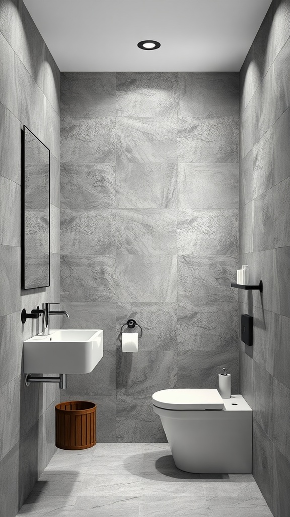 Modern bathroom with textured grey wall panels, showcasing a sleek sink and minimal decor.