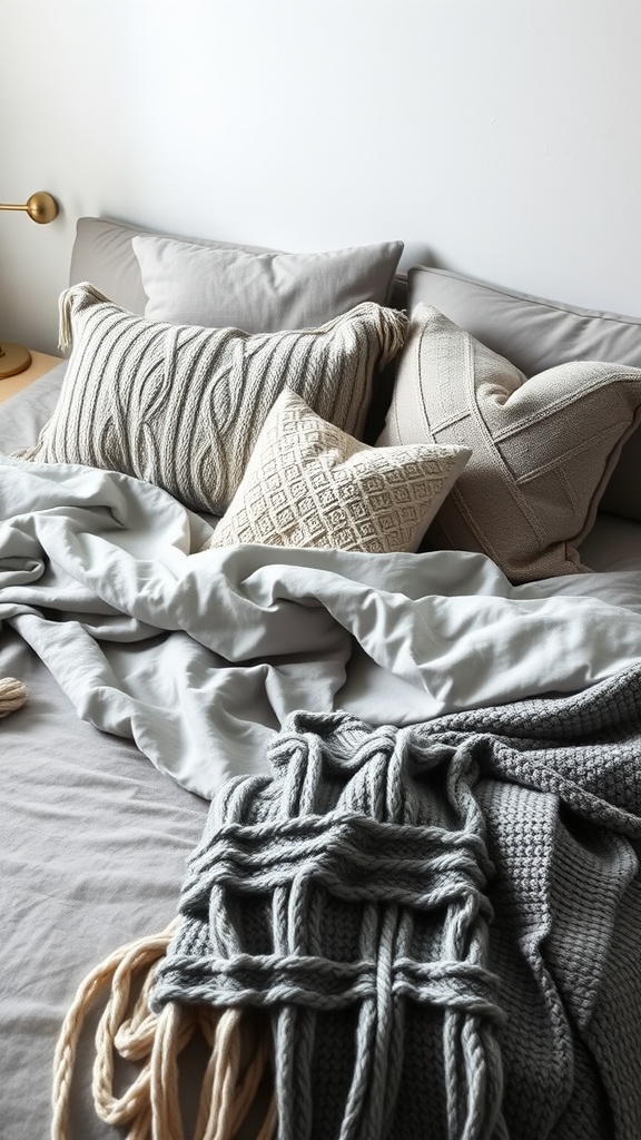 A cozy bed with grey bedding and textured knitted throw pillows and blankets.