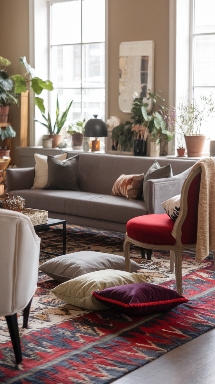 A cozy living room with layered textures, featuring a grey sofa, colorful pillows, and a patterned rug.