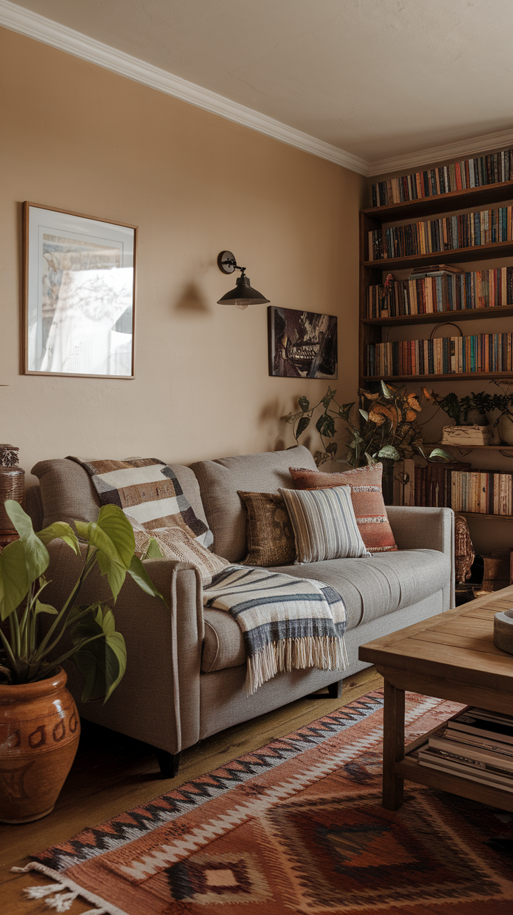 A cozy living room featuring a sofa adorned with various textured throws and pillows, surrounded by bookshelves and plants.