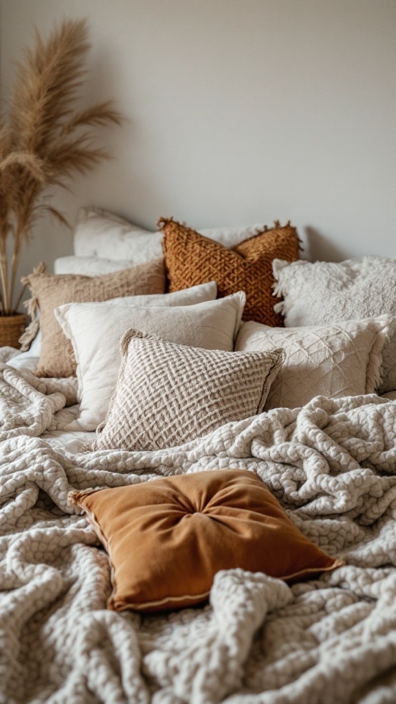 A cozy bed featuring a variety of textured pillows and a chunky knit throw.