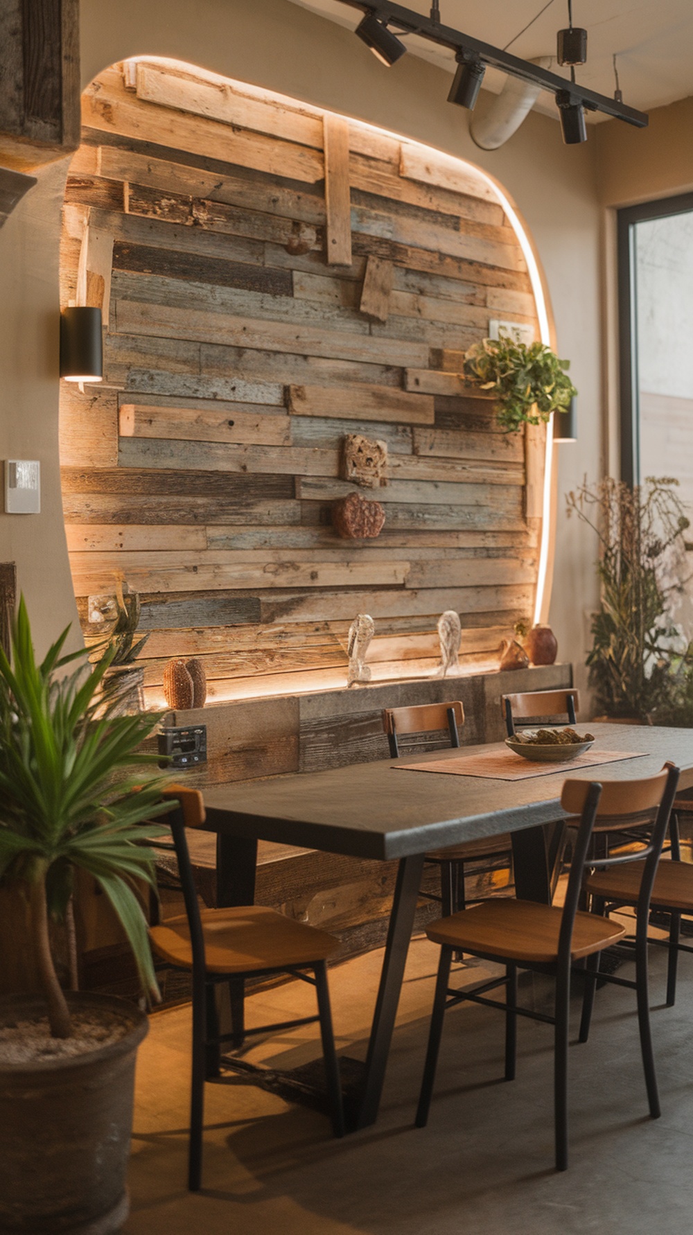 A small dining area with a textured wooden wall and modern decor.
